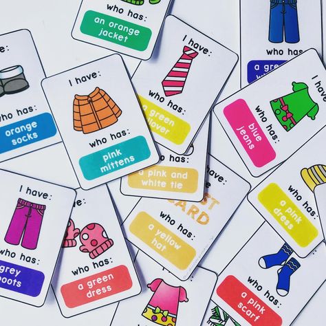 Brooke | ESL/EFL Printables on Instagram: “👗 👠 💐 Since we’re all ready to bring out our Spring clothes, here’s a fun  I HAVE/ WHO HAS card game that works well with any unit relating…” Esl Crafts, Clothes Esl, Esl Board Games, Primary School Activities, English Day, Teaching Game, Esl Resources, English Games, Speaking Activities