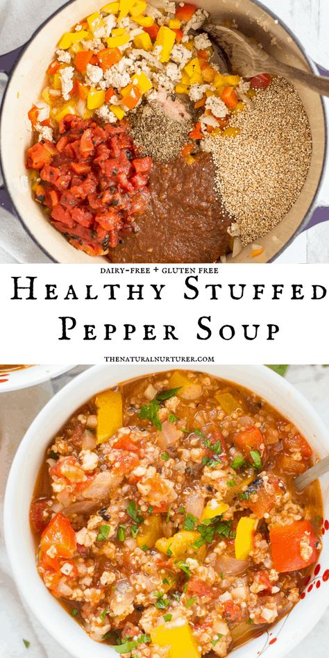 This Healthy Stuffed Pepper Soup is the perfect easy dinner to curl up with at the end of the day. Delicious, hearty, and full of vegetables! Done in under 30 minutes and gluten free dairy-free. The perfect healthy dinner recipe for weeknights! #veggieloaded Stuffed Pepper Soup Quinoa, Gluten Free Stuffed Pepper Soup, Noom Recipes Dinner Green, Vegan Stuffed Pepper Soup, Unstuffed Pepper Soup, High Protein Soup Recipes, Heart Healthy Soup, Metabolic Recipes, Soup Sunday