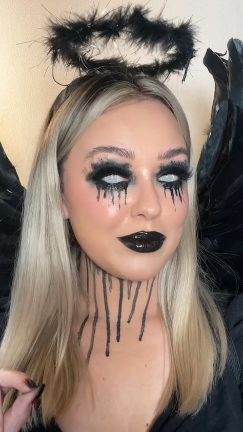 Angelo Nero Halloween, Dark Halloween Makeup, Dark Angel Makeup, Angel Halloween Makeup, Black Halloween Makeup, Angel Wings Halloween, Wings Halloween Costume, Halloween Simples, Halloween Makeup Witch