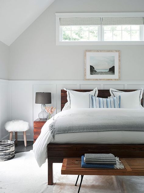 Benjamin Moore Balboa Mist used in a bedroom, plus 6 other great gray paint colors that you can use in your home. Image via BHG.com Studio Mcgee Bedroom Master, Studio Mcgee Paint Colors, Mcgee Bedroom, Studio Mcgee Bedroom, Modern Lakehouse, Calming Bedroom Colors, Soothing Paint Colors, Lakehouse Bedroom, Balboa Mist