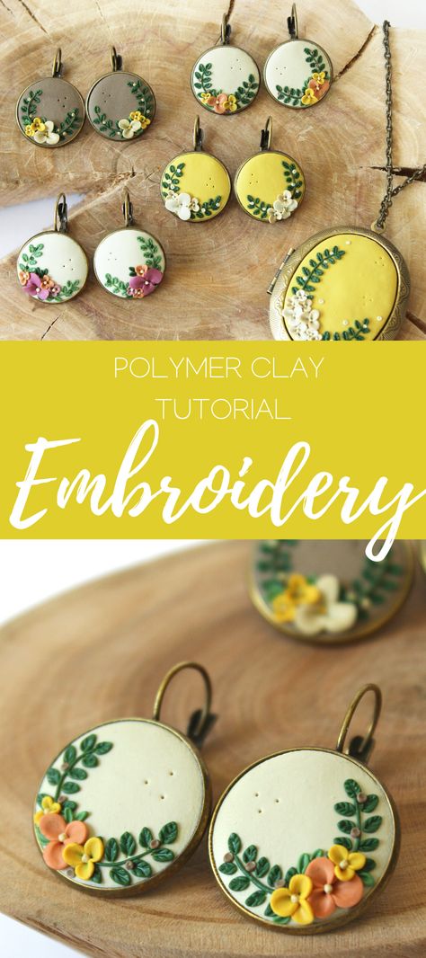 Making Flowers With Polymer Clay, Polymer Clay Floral Tutorial, Clay Pendants Diy How To Make, Polymer Clay Embroidery Technique, How To Make Polymer Clay Flower Earrings, Embroidery Earrings Tutorial, Diy Polymer Earrings, Floral Polymer Clay Earrings Tutorial, How To Make Clay Earrings Videos