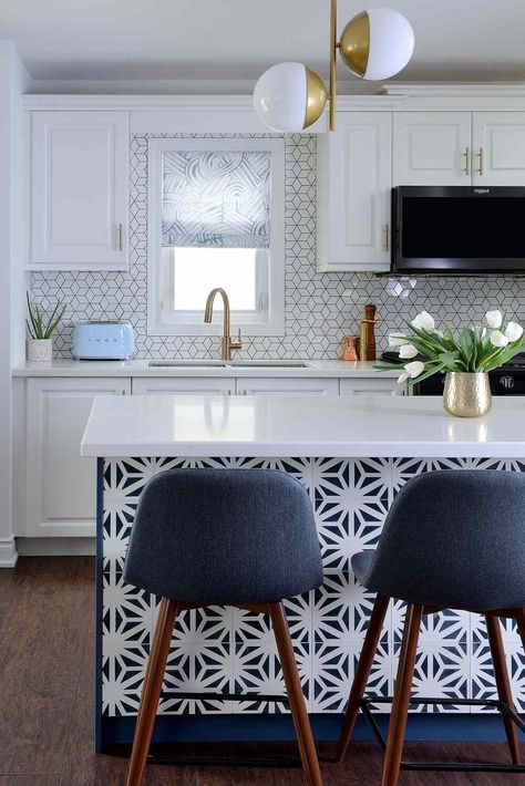 Island Back Panel Ideas, Tiled Kitchen Island, Kitchen Island Back, White Laminate Countertops, Hexagon Tile Kitchen, Raised Panel Kitchen Cabinets, Panel Kitchen Cabinets, Modern Kitchen Apartment, Tiled Kitchen