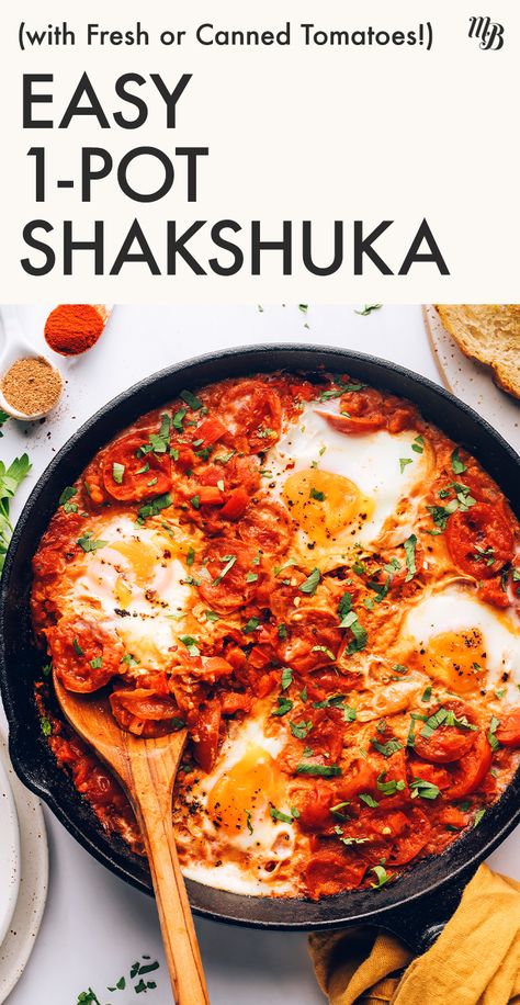 Friends! Today we’re sharing our take on shakshuka - the savory, saucy, classic that originated in Northwestern Africa. Our version can be made with fresh (or canned) tomatoes making it enjoyable year-round! Don’t miss this comforting, satisfying 1-pot meal suitable for breakfast, lunch, brunch, or dinner! How To Make Shakshuka, Easy Shakshuka, Spiced Lentils, Canned Tomatoes, Naan Recipe, Minimalist Baker, Savory Breakfast, Roasted Cauliflower, Fresh Tomatoes