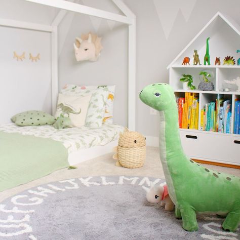 Dinosaur bedroom decor for my little boy. Montessori house bed. Alphabet ABC rug. Accents from H&M. Toddler Bedroom Boy Dinosaur, Toddler Boy Room Dinosaur, Dinosaur Toddler Room, Dinosaur Bed, Floor Bed Toddler, Dino Bedroom, Dinosaur Theme Bedroom, Abc Rug, Boys Dinosaur Bedroom