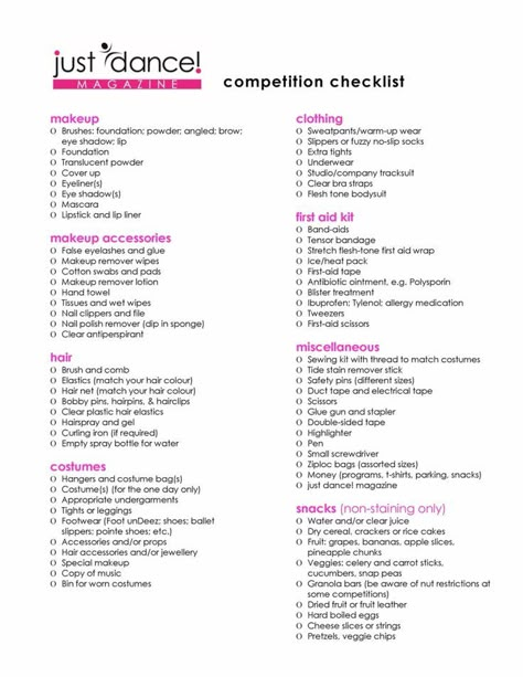 Colorguard Bag Checklist, Nationals Dance Competition, Dance Packing List, What To Pack For A Dance Convention, Dance Comp Packing List, What To Pack In A Dance Bag, Dance Bag Essentials List, Dance Competition Checklist, Dance Checklist