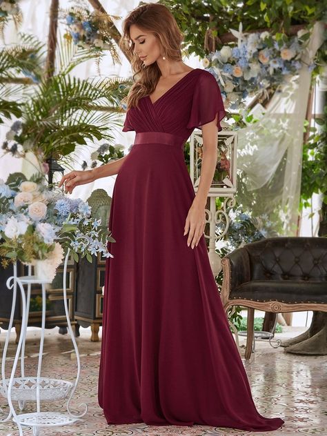 Long Chiffon Empire Waist Bridesmaid Dress with Short Flutter Sleeves #color_Burgundy Floaty Bridesmaid Dresses, Navy Blue Bridesmaid Dress, Flowy Bridesmaid Dresses, Navy Blue Bridesmaid, Empire Waist Evening Dress, Empire Waist Bridesmaid Dresses, Navy Blue Bridesmaid Dresses, Bridesmaid Dress Styles, Ever Pretty