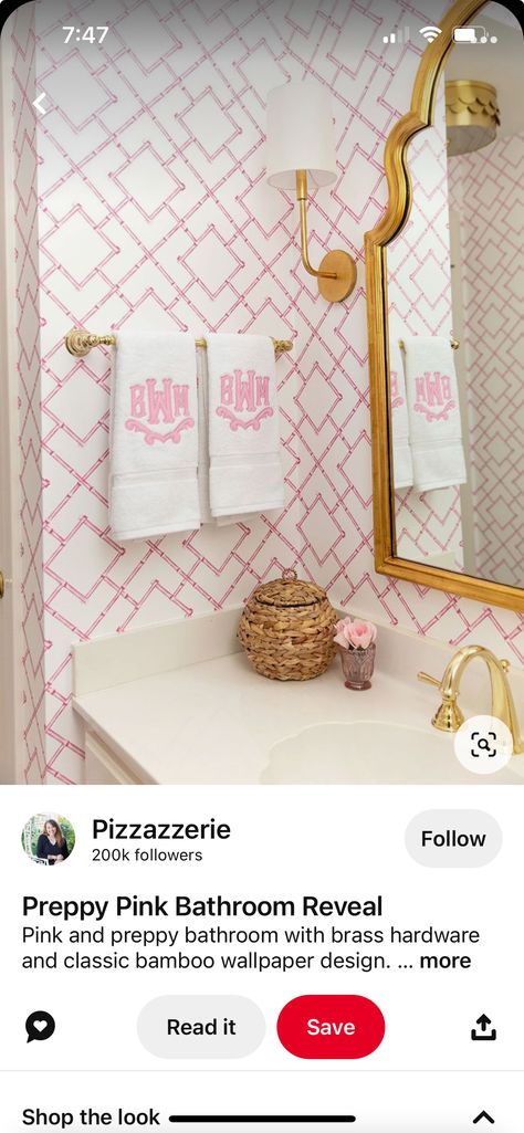 Preppy Master Bath, Pink Wallpaper In Bathroom, Wallpaper Wall Texture, Wallpaper Accent Wall Ideas, Wallpapered Bathroom, Anna Scott, Bamboo Wallpaper, Accent Wall Ideas, Bday List