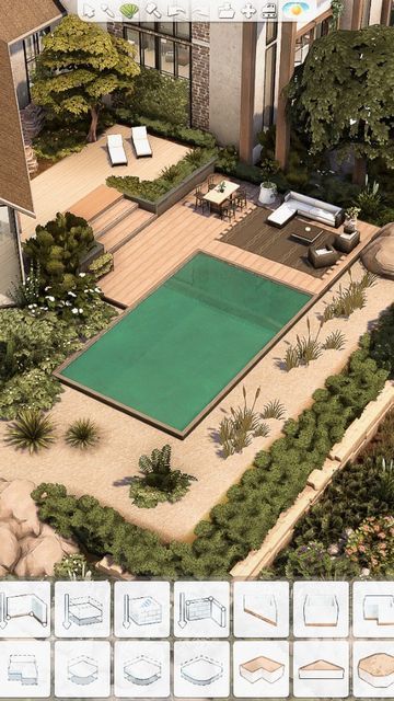 Cool Pools Sims 4, Pool Area Sims 4, Basic Sims 4 House, Sims 4 Modern Mansion Luxury, Sims4 Landscaping, The Sims 4 Landscaping, Sims 4 Houses Ideas Layout Modern, Sims 4 Swimming Pool Ideas, Sims 4 House With Pool