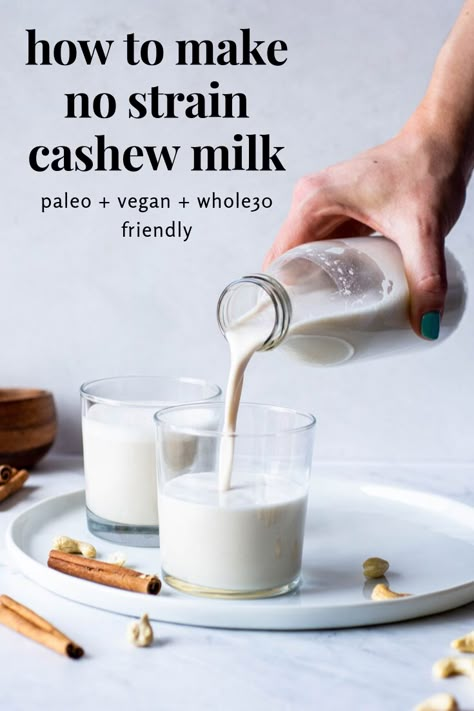 Learn how to make no strain cashew milk. The easiest way to make homemade nut milk that is creamy, vegan, paleo, and easily modified to be Whole30 compliant! I’ve even included a short cut if you’re short on time to reduce the soaking time to 15 MINUTES! A crazy delicious + healthier homemade nut milk for everyone at your table. #cashew #nutmilk #paleo #vegan Cashew Milk Recipe, Nut Milk Recipe, Homemade Cashew Milk, Homemade Nut Milk, Low Acid Coffee, Vegan Milk, Cashew Milk, Paleo Vegan, Dairy Free Milk