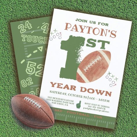 First Down Football Birthday Party Favors, Football 1st Birthday Party Invitations, Number One Draft Pick Birthday, First Year Down Invitations, Football Theme One Year Old Birthday, First Birthday Party Football Theme, Boy 1st Birthday Themes Ideas, One Year Old Football Birthday Party, First One Down Birthday