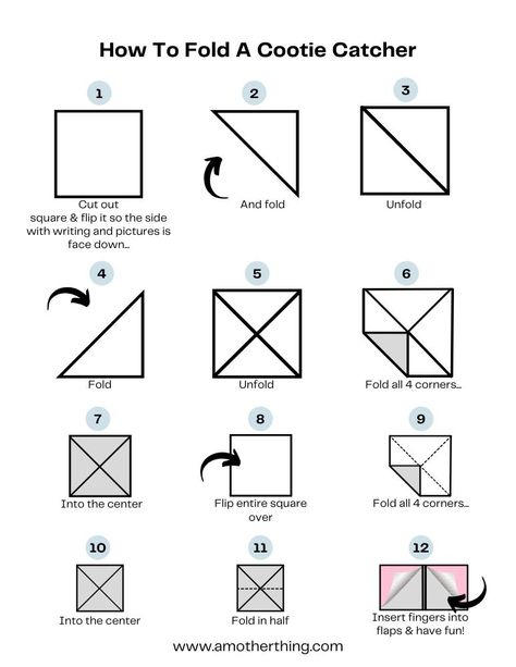 Whether you call it a cootie catcher or a paper fortune teller, these fun origami crafts are a hit with kids and adults alike. Use our free printable to create your own and have hours of fun! Science Cootie Catcher, How To Make A Cootie Catcher Step By Step, Cootie Catcher Ideas For Adults, How To Make A Fourtion Teller Paper, How To Fold A Cootie Catcher, How To Fold A Fortune Teller, How To Make A Paper Fortune Teller, How To Make A Cootie Catcher, How To Make A Fortune Teller