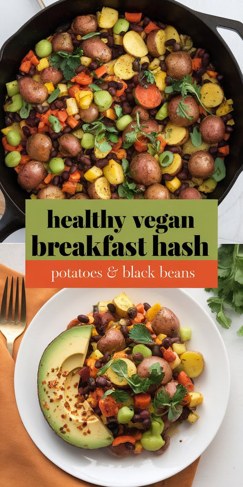 Close-up of a hearty vegan breakfast skillet with golden-brown potatoes, black beans, and colorful veggies. Vegetable Based Breakfast, Vegan Breakfast Potatoes, Easy Vegetarian Breakfast Ideas, Beans For Breakfast, Breakfast Veggies, Potato Hash Breakfast, Vegetables For Breakfast, Plant Based Breakfast Recipes, Vegan Recipes Breakfast