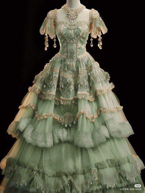 Green Victorian Ball Gown, Antique Ball Gowns, Elaborate Ball Gowns, Olden Time Dresses, 1700 Ball Gowns, Victorian Dress Green, Royalty Dresses Princess, Romantic Era Dress, Ball Gowns 1800s