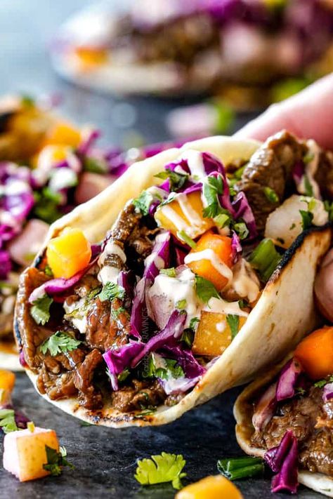 Korean Tacos, Mango Slaw, Asian Pear, Carlsbad Cravings, Taco Ingredients, Bulgogi Beef, Taco Recipe, Korean Dishes, Bulgogi