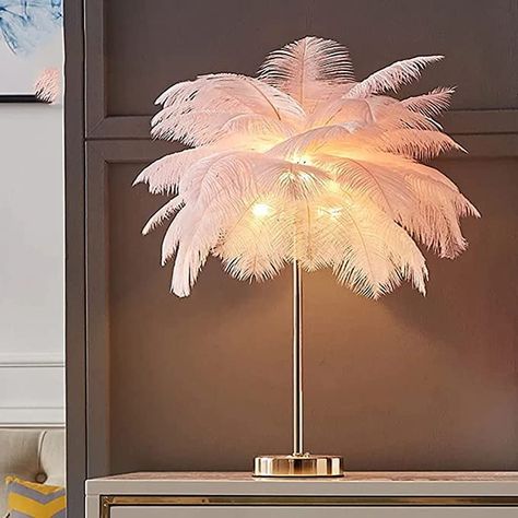 Pink Feather Table Lamp with Plug in Wire Modern Feather Lamp 3-Light Bedside Table Lamp for Bedroom in Gold (Pink) Modern Gold Floor Lamp, Bedside Lamp Modern, Feather Lamp, Pink Lamp, Art Deco Table Lamp, Dimmable Table Lamp, Portable Lamp, Deco Rose, Lamp Gold