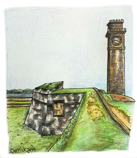 Galle fort clocktower, Sri Lanka #srilanka #galle #gallefort #tower #urbansketching #travelsketching #urbansketchers #walls #tower #clock #travel #illustratedtravel Tower Clock, Galle Fort, Hiking The Narrows, Narrow Staircase, Colonial Mansion, British Architecture, Travel Sketchbook, Beach Haven, Tuk Tuk