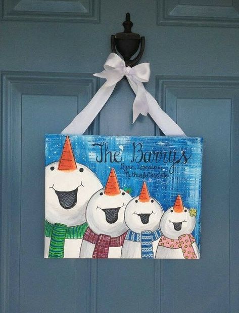 Winter Canvas Art, Personalized Canvas Art, Snowman Family, Winter Door, Snowman Painting, Holiday Painting, Family Pets, Family Sign, Christmas Canvas