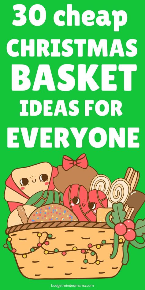 Get these budget Christmas basket ideas for families, teachers, friends and more! Save this pin for later. Christmas Candy Gift Baskets, Family Gift Basket Ideas For Christmas, Christmas Gift Basket Ideas For Families, Cheap Christmas Gift Baskets, Prize Basket Ideas, Homemade Christmas Gift Baskets, Cheap Gift Baskets, Hot Chocolate Gift Basket, Baking Gift Basket