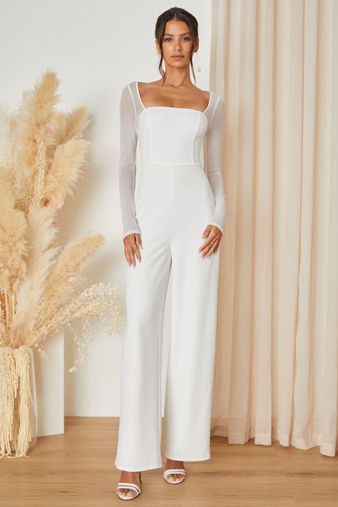 White Mesh Jumpsuit - Long Sleeve Jumpsuit - Wedding Jumpsuit - Lulus