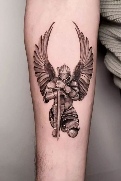 Arcangel Tattoo, Tattoos Infinity, Knight Tattoo, Clever Tattoos, Warrior Tattoos, Angel Tattoo Designs, Tattoos Geometric, Greek Tattoos, Tatuaje A Color