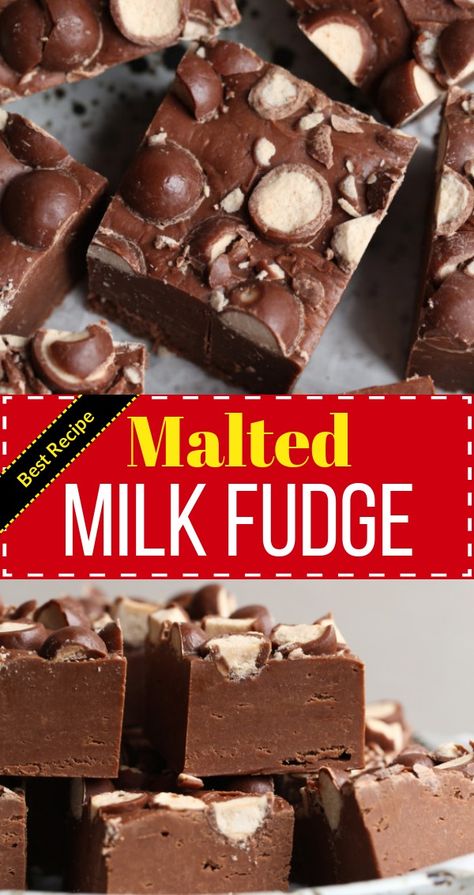 Malted Milk Fudge is the creamiest chocolate fudge, made with a little malted milk powder and topped with Malted Milk Balls! This is the best fudge recipe ever!  #nobake #funsweets #fudge #maltedmilk #maltedmilkballs Malteser Fudge Recipe, Malted Milk Desserts, Malted Marshmallow Fudge, Malted Milk Ball Cookies, Malted Milk Balls Recipe, Fudge With Miniature Marshmallows, Kraft Marshmallow Creme Fudge, Malt Recipe, Best Fudge Recipe