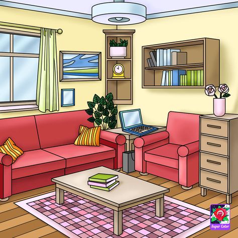 Room Perspective Drawing, Living Room Cartoon, Wooden Wardrobe Design, Bedroom Scene, Graphic Design School, House Cartoon, Cartoon House, Wallpaper Earth, Wooden Wardrobe