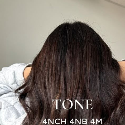 Chardonnay | Abbotsford Hair Stylist on Instagram: "all over brunette toner formula 🤎 

using @redkenpro shades eq

tone: 4nch + 4nb + 4m

don't forget to save this formula! 

#redkenshadeseq #redkenartist #chocolatebalayage #balayageartist #balayageeducation #haireducator #redkenobsessed #redkenshades #redkensalon #redkencolor #balayageinspo #balayageartists #balayageexpert #balayagecolor #richbrunette #balayagespecialist #hairinspo #brunettehair #brunettebalayage #bellamihair #bellami #bellamihairpro #brunettehaircolor #bellamihairextensions #brunetteseason #hairstylistlife #hairstylist #fallhairinspo #fallhairtrends #fallhaircolor ⁠" Shades Eq Chocolate Brown Formula, All Over Brunette, Shades Eq Formulas Brunettes, Brunette Toner, Color Formulations, Brown Hair Color Chart, Hello Hair, Bellami Hair Extensions, I Like Your Hair