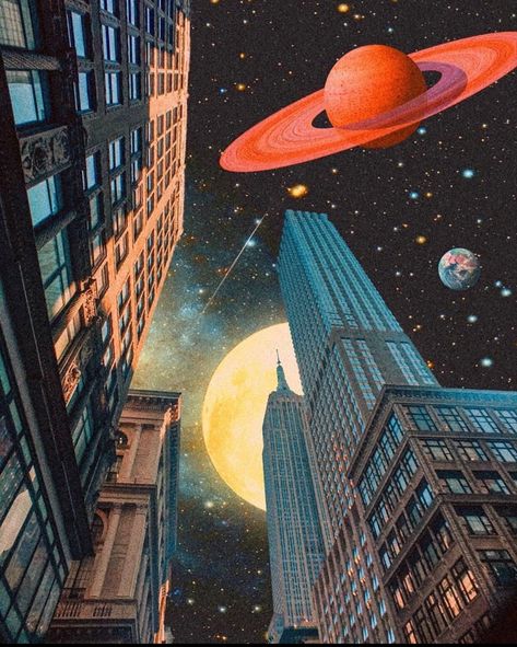 Aesthetic Instagram Background, City Skyline Aesthetic, Skyline Aesthetic, Vintage Space Art, Jim Warren, Futurism Art, Surreal Collage, Aesthetic Edits, Instagram Background