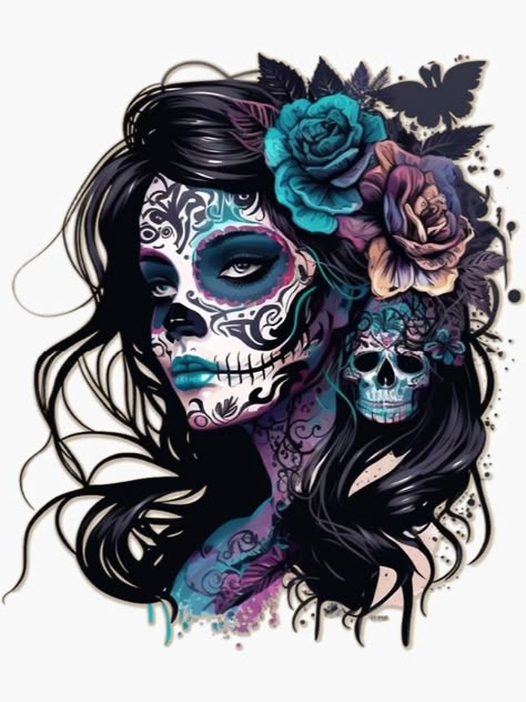 Mexican Skull Art, Floral Skull Tattoos, Day Of Dead Tattoo, Female Tattoo Models, Sugar Skull Art Drawing, Sugar Skull Illustration, Skull Artwork Illustrations, Candy Skull Tattoo, Colorful Canvas Art