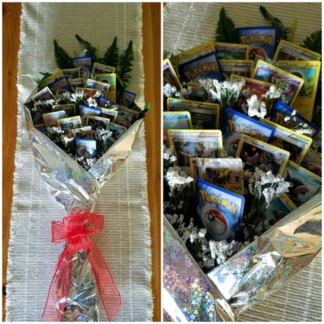 In lieu of flowers, a Pokémon Card bouquet, for my boy who is being honored as Most Improved Student at the Somerset Patriots game tonight. Wanted something special for him. Pokemon Gifts For Boyfriend Diy, Pokemon Flower Bouquet, Pokemon Card Bouquet, Pokémon Bouquet, Pokemon Gifts Diy, Pokemon Present Ideas, Pokémon Gift Ideas, Pokemon Gifts For Boyfriend, Gift Card Bouquet For Men