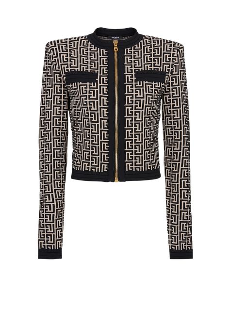 Knit cardigan with Balmain monogram - Women | BALMAIN Balmain Jacket, Black Ski Jacket, Balmain Clothing, Diy Vetement, Contrasting Trim, Monogram Pattern, Cropped Jacket, Cropped Cardigan, Party Fashion