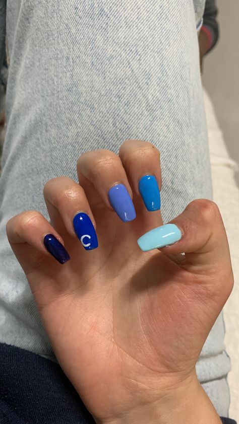 Acrylic Nails With Bf Initials Blue, Blue Initial Nails, Blue Nails With Initials, Bf Initial Nails, C Initial Nails, Mid Nails, Nails With Bf Initials, Acrylic Nails With Bf Initials, Greece Nails