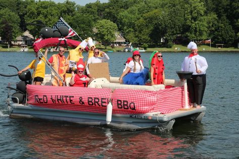 4th Of July Boat Parade Ideas, Patriotic Boat Decorations, Fourth Of July Float Ideas, Boat Parade Themes, Pontoon Boat Ideas Parties, 4th Of July Pontoon Boat Decorations, Fourth Of July Boat Parade Ideas, Boat Float Parade Ideas, Pontoon Parade Decorating Ideas