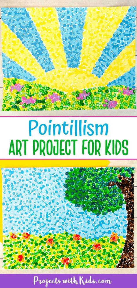 This pointillism for kids art project is fun for all ages! Try q-tip painting to create colorful art inspired by the famous artist Georges Seurat. Kids will love creating their own masterpiece! April Art Activities For Kids, Art And Crafts For Elementary School, April Art Projects For First Grade, Art Projects For School Age, Art Activities Inspired By Artists, Pointilism Art Ideas Georges Seurat, May Art Projects For Elementary, Gr 4 Art, Art Ideas For Primary School