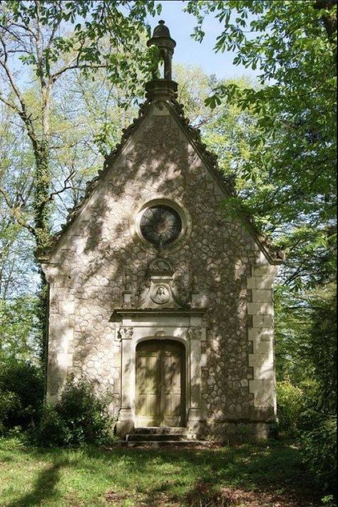 Chapel at Chateau, Indre et Loire, France #architecture #trees Small Chapels, Wedding Churches, Stone Chapel, Spanish Hacienda, Abandoned Churches, Old Country Churches, Take Me To Church, Southwest Design, Spring Awakening