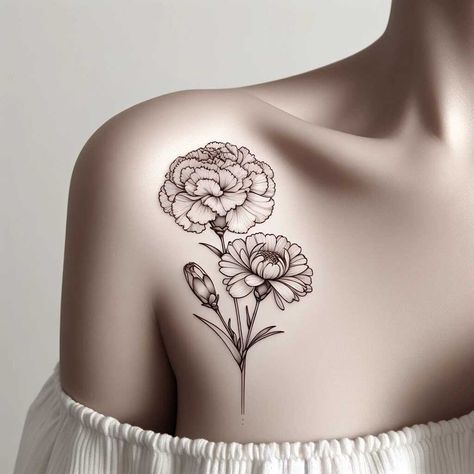 January Flower Tattoo Carnation, Aster Flower Tattoo Design, Aster Flower Tattoo, Practice Tattoos, Souls Intertwined, Aster Tattoo, Aster Flower Tattoos, Carnation Flower Tattoo, Ashley Davis