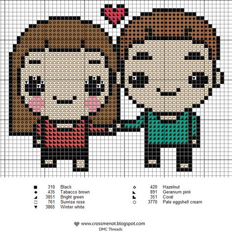 Couple Love Valentine pattern Cross Stitch For Boyfriend, Couple Perler Beads, Kawaii Stitch, Kawaii Cross Stitch, Small Patterns, Free Cross Stitch Pattern, Free Cross Stitch Patterns, Wedding Cross Stitch Patterns, Tiny Cross Stitch