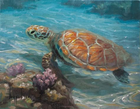 Land And Sea Drawing, Turtle Pastel Drawing, Land Turtle Painting, Painted Sea Turtle, Turtle Oil Painting, Turtle Oil Pastel, Ocean Themed Paintings, Sea Painting Ideas, Turtle Painting Acrylic