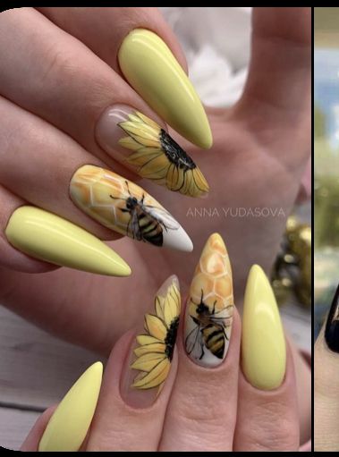 Bee Acrylic Nails, Honeycomb Nails, Bees Nails, Bee Nail Designs, Bumble Bee Nails, Unique Nail Art Designs, Pink Tip Nails, Bee Nails, Unique Nail Art