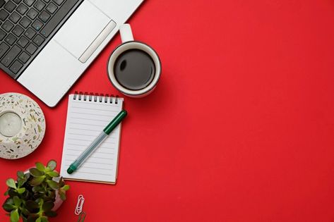 Desk With Laptop, Coffee Template, Stock Photography Ideas, Coffee Office, Art Deco Design Graphics, Red Laptop, Red Desk, Red Office, Modern Workspace