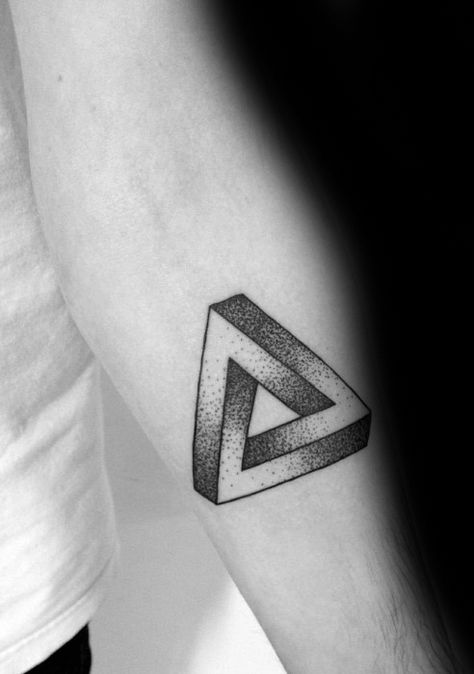 Inner Forearm Penrose Triangle Guys Tattoo Designs Triangle Tattoos Men, Impossible Triangle Tattoo, Bermuda Triangle Tattoo, Penrose Tattoo, Penrose Triangle Tattoo, Infinity Triangle, Tattoo House, Traditional Viking Tattoos, Disney Backgrounds