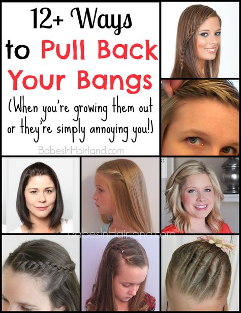 Twelve Plus Ways to Pull Back your Bangs from BabesInHairland.com #bangs #fringe #hair Pull Back Hairstyles, Toddler Bangs, Pin Back Bangs, Pull Back Bangs, Twisted Bangs, Bangs Back, Growing Out Bangs, Hairstyles Girl, Blonde Box Braids