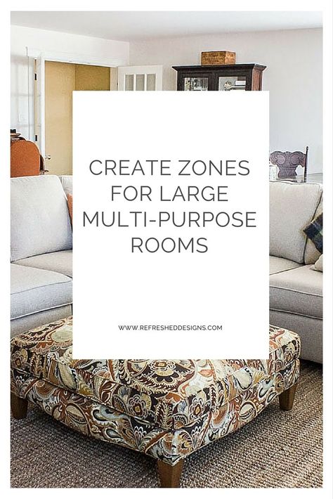 create zones for large multi-purpose rooms Multi Use Family Room Ideas, Multi Purpose Basement Ideas, Multi Purpose Living Room Layout, Multi Purpose Family Room, Upstairs Game Room Ideas Layout, Multi Purpose Basement Layout, Multi Purpose Bonus Room, Large Multipurpose Room, Multi Purpose Living Room Ideas