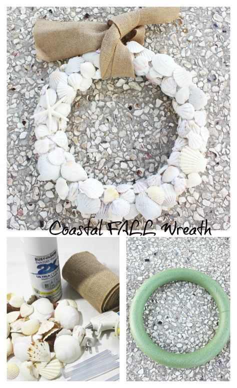 Seashell Wreath Diy How To Make, Seashell Wreaths, Oyster Shells Diy, Coastal Diy, Diy Nature, Mantle Ideas, Coastal Fall, Coastal Wreath, Shell Wreath