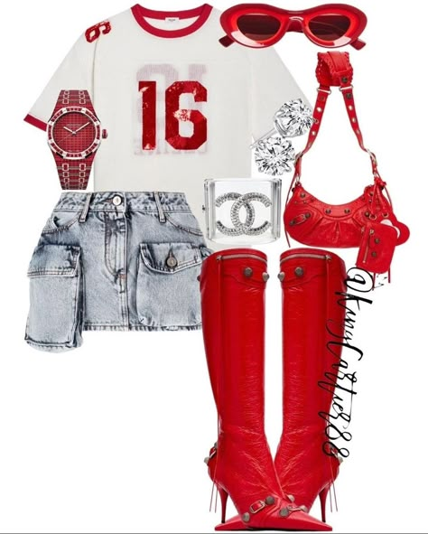 Birthday Outfit For Concert, Graphic Corset Outfit, Thigh High Boots And Skirt Outfit, Corset Valentines Day Outfit, Barbie Themed Outfits Black Women, Red Club Outfits Black Women, Millennium Tour Outfit Ideas, Aries Birthday Outfit, Baddie Outfits Heels