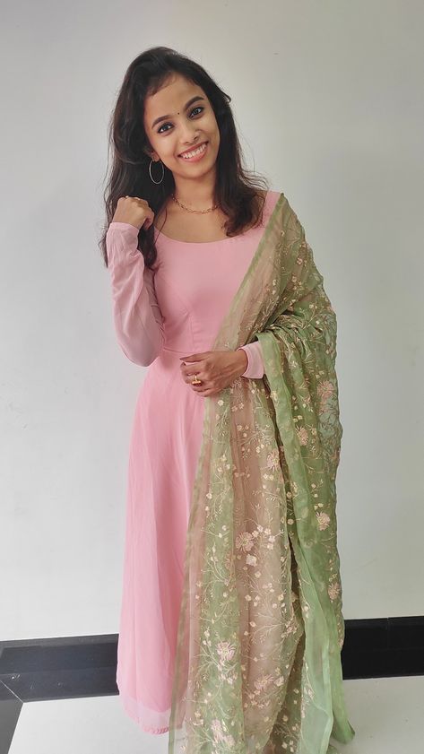 Baby Pink and Sage Green | Anarkali kurti with long sleeves | Floral Embroidered Dupatta Pink Anarkali Suits Simple, Green Dupatta Combination Suit, Green Combination Outfit Indian, Dark Pink Combination Dress, Pink Dupatta Color Combinations, Pink Kurti Outfit, Sage Green Anarkali, Anarkali Suits Simple, Olive Green Outfit