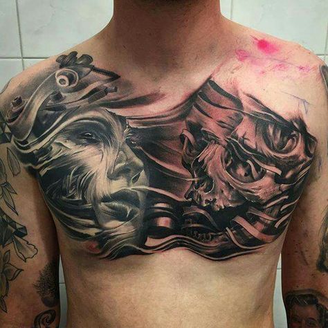 Black And Grey Tattoo, Biomechanical Tattoo, Creepy Tattoos, Chest Tattoo Men, Chest Tattoos, 3d Tattoo, 3d Tattoos, Ink Master, Hot Tattoos