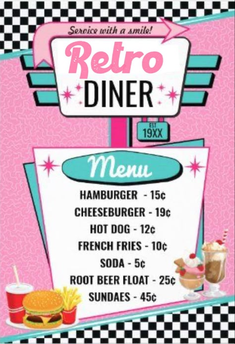 1950 American Diner, 50s Theme Parties, Diner Aesthetic, 1950s Diner, 50's Diner, Diner Menu, Diner Sign, Diner Party, 50s Diner