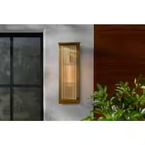 Jardine 20 in. 1-Light Gold Modern Outdoor Wall Light Fixture with Clear Ribbed Glass Outdoor Wall Light Fixtures, Modern Outdoor Wall Lighting, Wall Light Fixture, Brass Wood, Ribbed Glass, Wall Lighting, Gold Wood, Modern Outdoor, Outdoor Wall