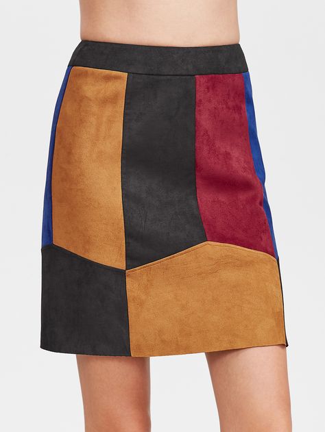 Shop Color Block Faux Suede Paneled Skirt online. SheIn offers Color Block Faux Suede Paneled Skirt & more to fit your fashionable needs. Skirt Patterns, Skirt Inspiration, Color Block Skirt, Sewing Clothes Women, Leather Skirts, Paneled Skirt, Women Skirts, Clothes Women, Skirts Online